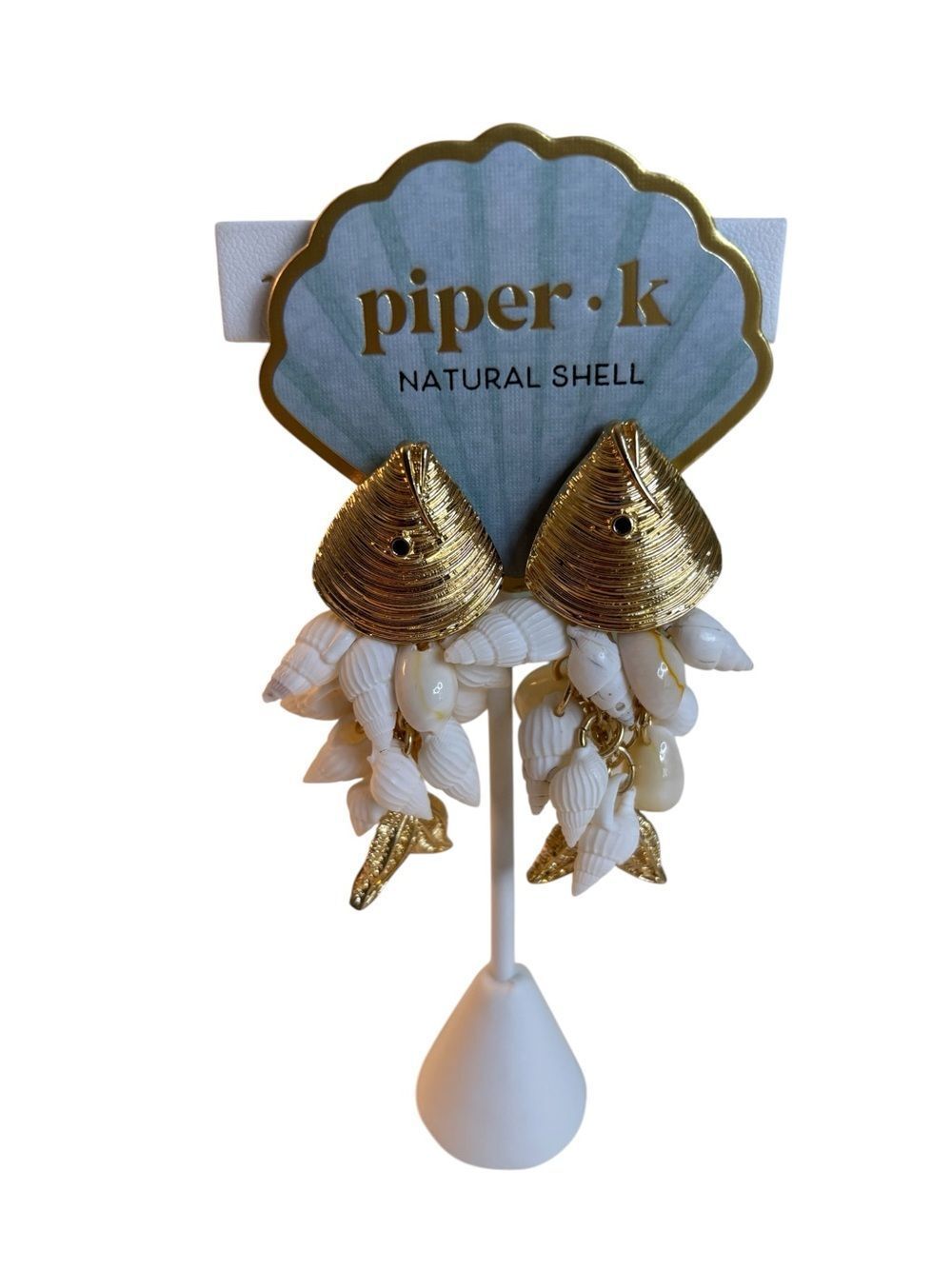 Piper k Gold Tone Fish Head Dangle Natural Shell Drop Earrings.